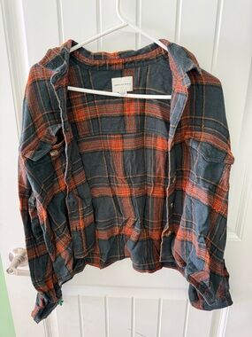 American Eagle Plaid Flannel Shirt Jacket in Dark Green, Rust & Yellow